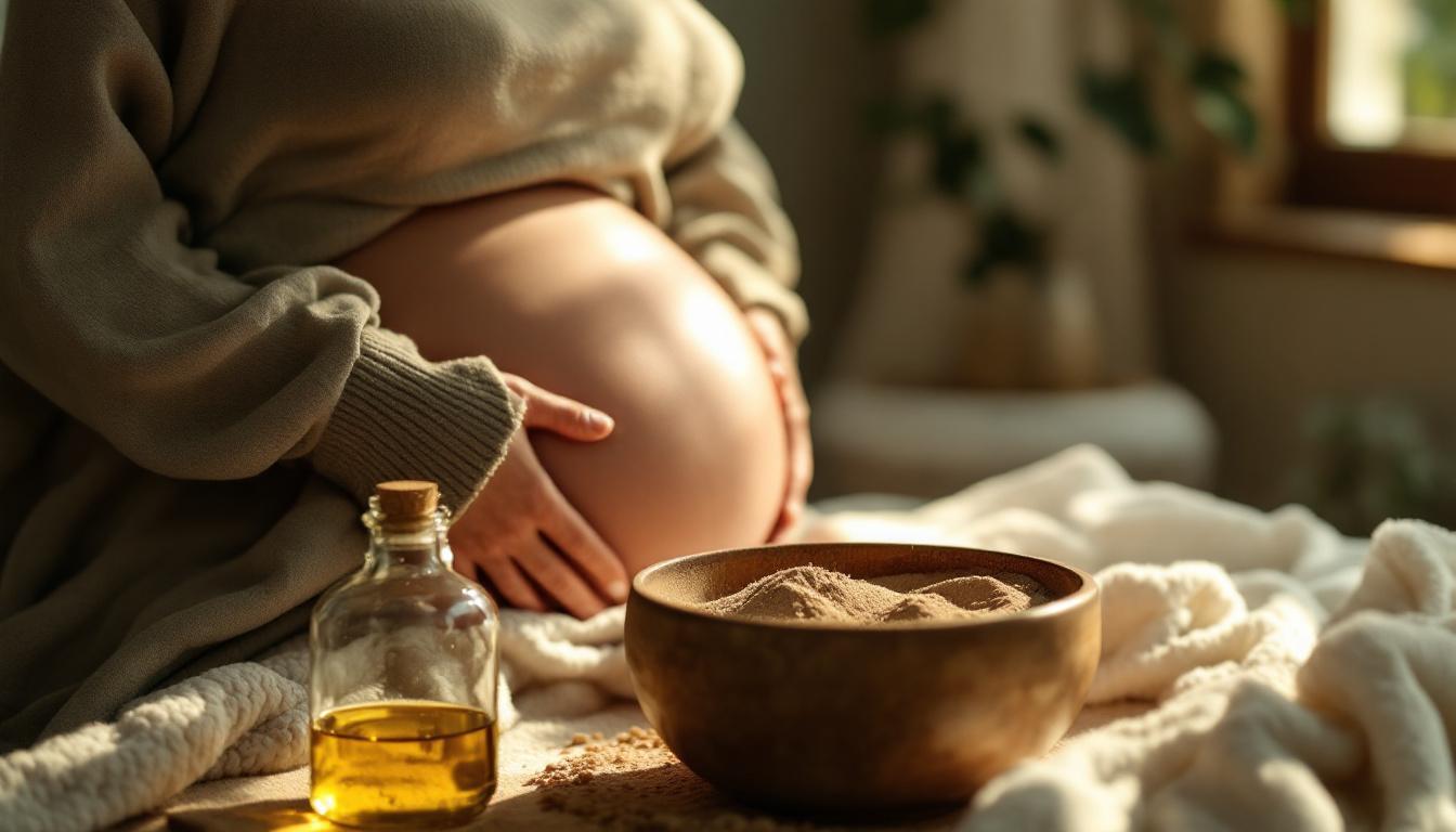 Schwangere Frau bereitet sich in ruhiger Atmosphäre mit Öl auf die Dammmassage vor