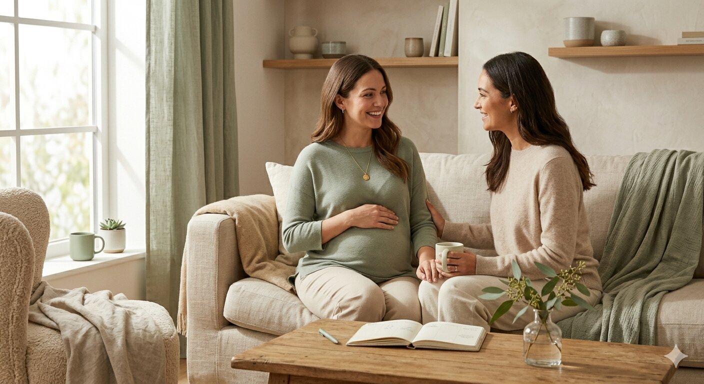 Mutterpass, Ordner und Telefon auf einem Tisch – organisatorische Arbeit einer Schwangeren