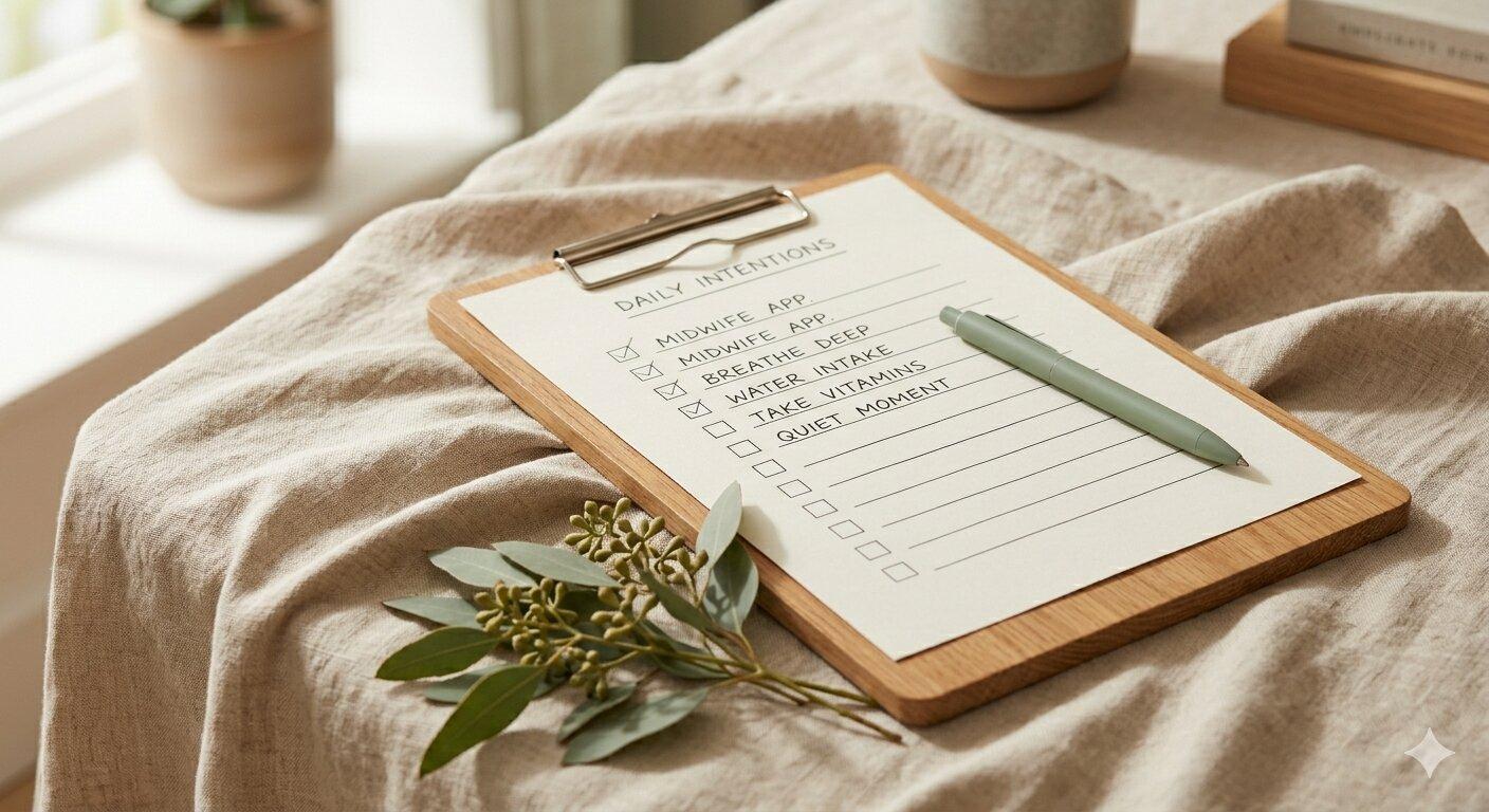 Offenes Notizbuch mit handgeschriebener Schwangerschafts-Checkliste auf hellem Holztisch
