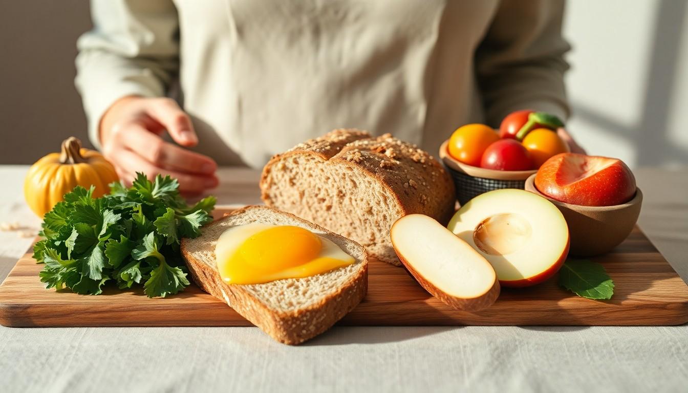 Bunter Teller mit gesunden Lebensmitteln für die Schwangerschaft: Gemüse, Vollkornbrot, hartgekochtes Ei und frisches Obst