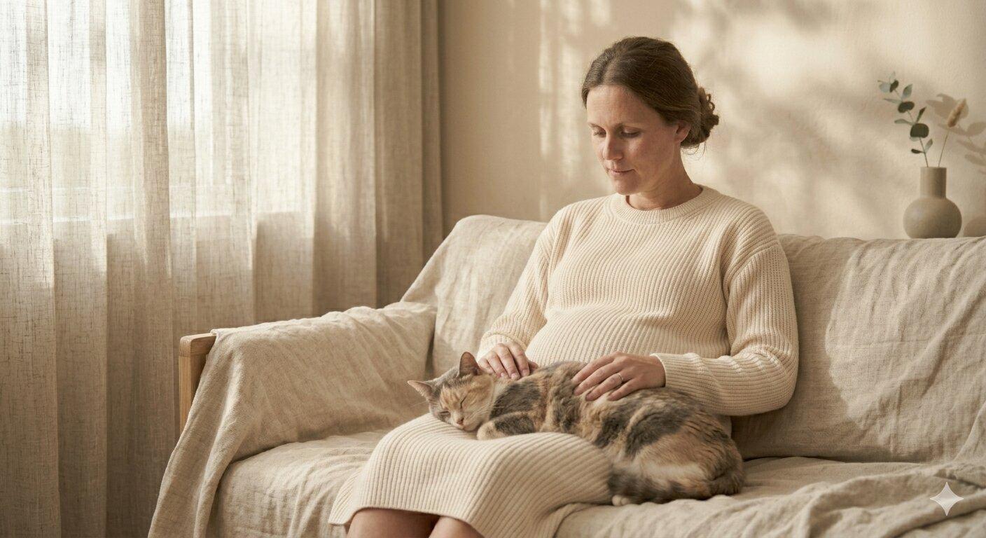 Schwangere streichelt entspannt eine Hauskatze auf dem Sofa – warmer Lichteinfall am Fenster